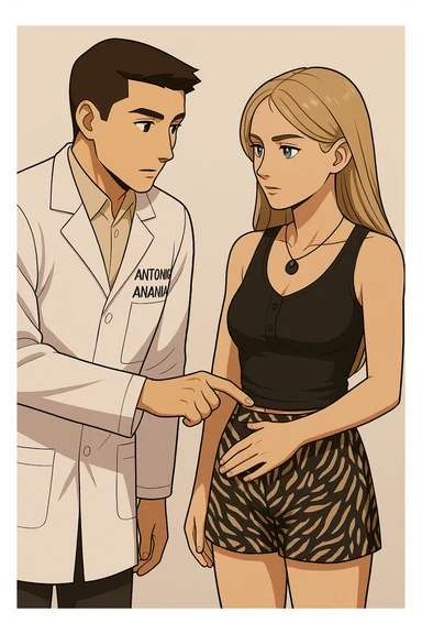 fai un webtoon/manga a colori con questo kinesiologo in camice bianco (fagli la scritta "ANTONIO ANANIA" SUL CAMICE) CHE PARLA CON QUESTA RAGAZZA CON GLI OCCHI AZZURRI. IL KINESIOLOGO CON IL CAMICE BIANCO LE TOCCA LA PANCIA CON UN DITO DOVE C'è L'INTESTINO. NON FARE I FUMETTI, FAI SOLO LORO COME SE DIALOGASSERO sticker