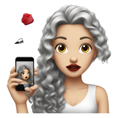 White girl, with curly long black hair, applying red lipstick sticker