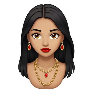 Woman, light brown skin, black long hair, medium arched eyebrows, brown eyes, full lashes, and red lips wearing a gold necklace chain sticker