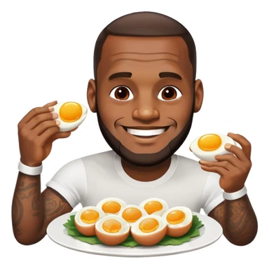 LeBron James smiling while eating eggs and fish with sun rays shining sticker