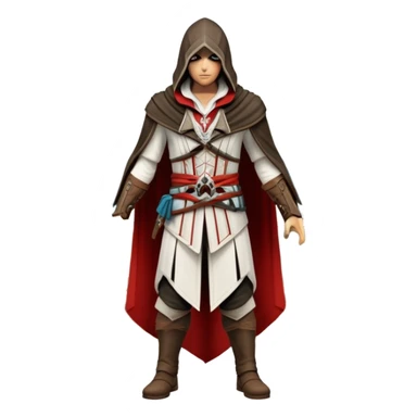 icon featuring Assasin's Creed in an iconic assassin's hood, standing tall against the backdrop of Florence. The design captures the essence of adventure, with intricate details of historical architecture and a sense of mystery. The character is poised, ready for action. transparent background. sticker