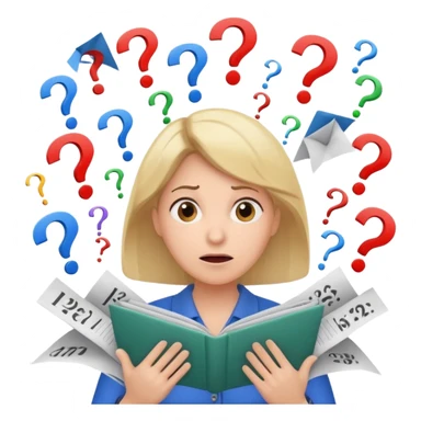 A kindergardenteacher with an overwhelmed expression, surrounded by flying papers and three question marks. sticker