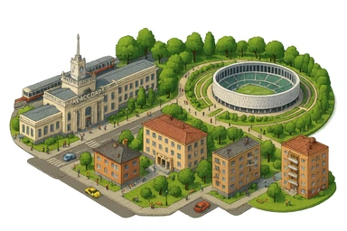 Изометричная миниатюрная фотореалистичная 3D модель панорамы Краснодара - вокзал Краснодар, КубГМУ, парк Краснодар со стадионом, краснодарские дома, автотранспорт четкие линии, яркие цвета, мультяшный реализм, люди, автотранспорт, компактная композиция, вид сверху в изометрии, прозрачный фон sticker