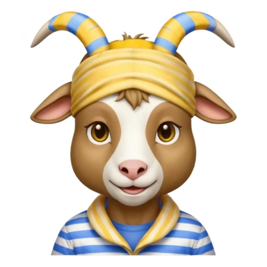 a goat with yellow sleep mask and wearing shirt sticker
