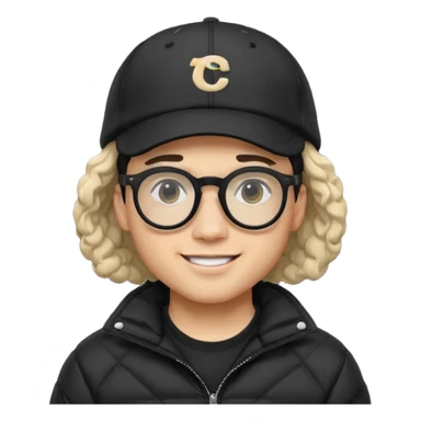 Young man wearing a black puffer jacket, black baseball cap, round black glasses, wavy hair peeking out from under the cap, smiling
 sticker