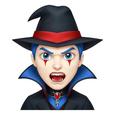 Vampire with blue hat,black coat with read collared ,teeth looks like vampire with aggression on face, full body. sticker