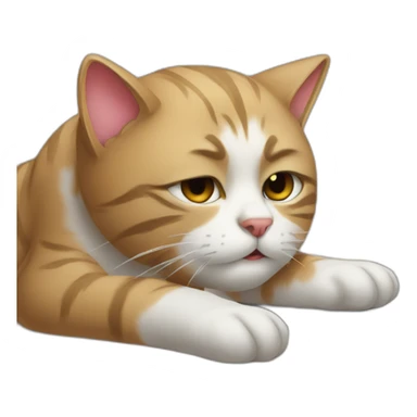 tired cat in front of computer sticker