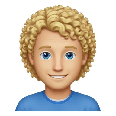 male software developer with blonde curly hair and blue eyes, smiling, simple and friendly sticker