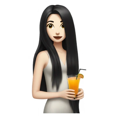 Pale girl with long black hair with chest holding cocktail sticker