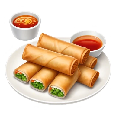 Spring Rolls Cinematic Realistic Spring Rolls Dish Emoji, depicted as 2 perfectly crisp spring rolls served with dipping sauce, rendered with lifelike textures and dynamic, appetizing lighting. sticker