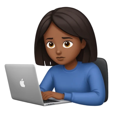 The central figure is an emoji of a person with dark hair with laptop sticker