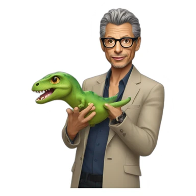 Jeff Goldblum holding a tiny dinosaur sticker