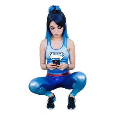 Disapponted-big tears-head back texting on phone-very very large upper body-sexy face-bending forward at waist-very long very straight dark blue to light blue ombre hair-and-blue eyes-thick black eyeliner-long eyelashes-iridescent blue lowcut tanktop with black leggings with glitter superman logo sticker