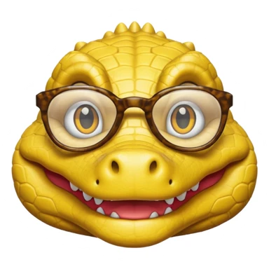 Cocodrilo feliz con boca cerrada mirando de frente que tengan lentes y sea color amarillo con fondo blanco sticker