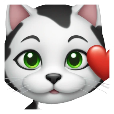  Black and white cat with green eyes holding a heart sticker
