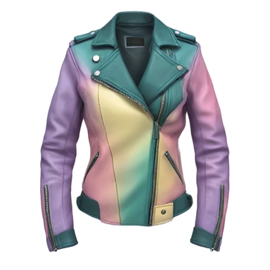 Realistic isolated side view of a pastel purple,dark teal,pastel yellow and pastel pink ombre open military style leather fashion jacket. sticker