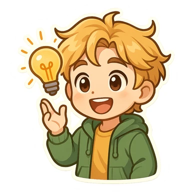 bright and expressive male visionary, fair skin, tousled golden hair, wide joyful eyes, wearing a green hoodie over a yellow tee, one hand raised with a glowing lightbulb, waist-up, front-facing sticker