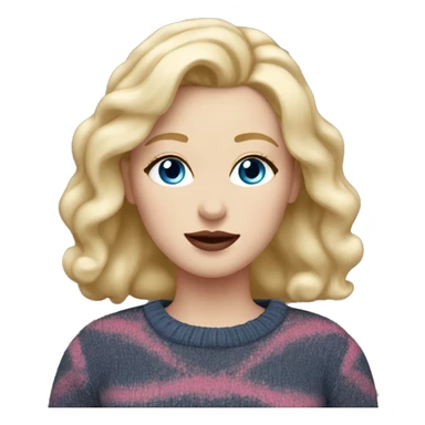 White woman with blonde hair, black pink sweater, blue eyes, red lip￼ sticker