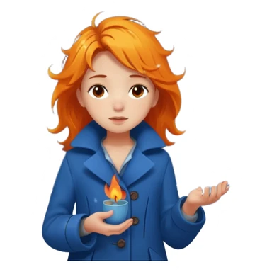 A barefoot girl in a tattered blue coat, cupping a tiny flame gently while snowflakes fall on her hair.
 sticker