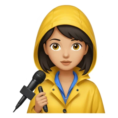 dark haired woman with rain coat and microphone sticker