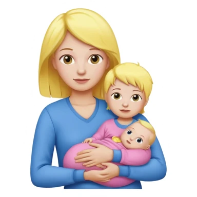 mother with yellow hair and pink clothes holding baby in blue clothes, emoji style sticker