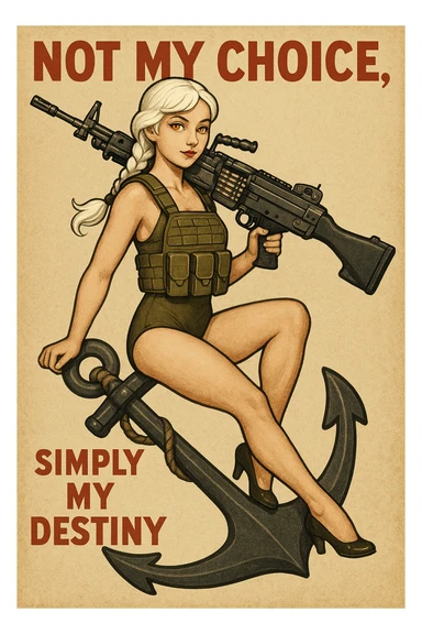 a retro military pinup " not my choice, simply my destiny "
; female figure young,gorgeous, white hair 1 braid, gold yellow eyes, riding side-saddle on a massive anchor , with a massive LMG 249,  wearing a swimsuit with plate-carrier sticker