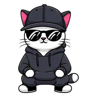 cat wearing a black snapback cap and black hoodie, with black sunglasses positioned low on his nose, looking directly at the viewer over the top of his sunglasses with a cool expression, doing graffiti with spray paint sticker