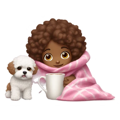 Brown girl with brown hair drinking hot chocolate with a pink and white blanket around her with her maltipoo puppy sticker