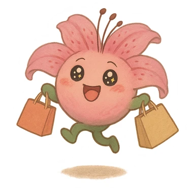 pastel magenta lily flower with sparkling eyes and open mouth, jumping with joy while holding shopping bags, round and bouncy, soft ghibli style sticker