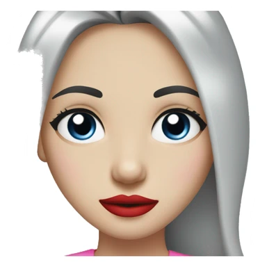 A girl with pale skin, long straight black hair parted in the middle and blue eyes with long eyelashes, bright red lips, wearing a pink shirt  sticker