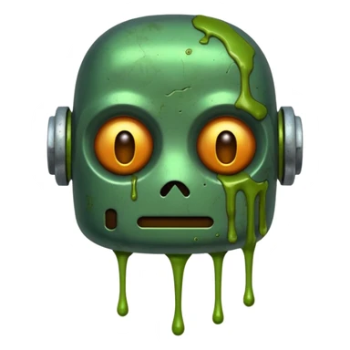 make a tired old melting robot emoji, covered in green sludge, 2d sticker