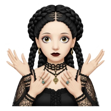 Lene Lovich as seen on the Stateless album cover with a typical symmetrical pose with her hands, lots of lace and braided hair sticker