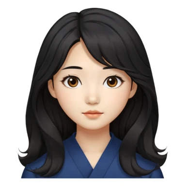 Korean girl with long black hair that is slightly wavy, with a middle part and face framing hairstyle. Asian eyes, brown colored eyes sticker