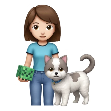 A grey cat standing on the back of a white bichon frisør dog, with a girl with short brown hair sitting beside playing Minecraft sticker