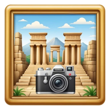 Icon for Historical and Cultural Tourism: iconic landmarks like ancient ruins, a museum and a historical monument, with a travel guidebook and camera. The icon should capture the exploration of history and culture. Transparent background. sticker