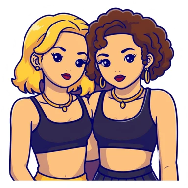 Two teenage girls together, one white with straight blonde hair and one brown-skinned with curly dark hair, both with heavy makeup, big lips, crop tops, gold jewelry and flashy choni style outfits sticker