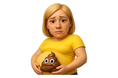 emoji stile iphone di una donna con pancia gonfia piena di cacche con gli occhi, iperrealistico 4k sticker