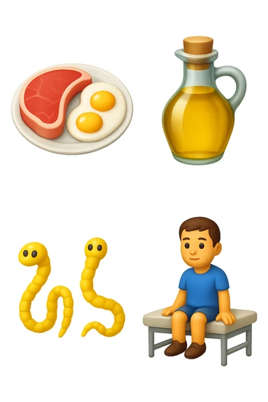 emoji stile iphone di UN PIATTO CON CARNE ROSSA E UOVA, UNA BOTTIGLIA DI OLIO DI SEMI, DUE PARASSITI TIPO LA TENIA, UOMO SEDUTO SU UN LETTINO DA FISIOTERAPISTA, IPERREALISTICO 4K sticker