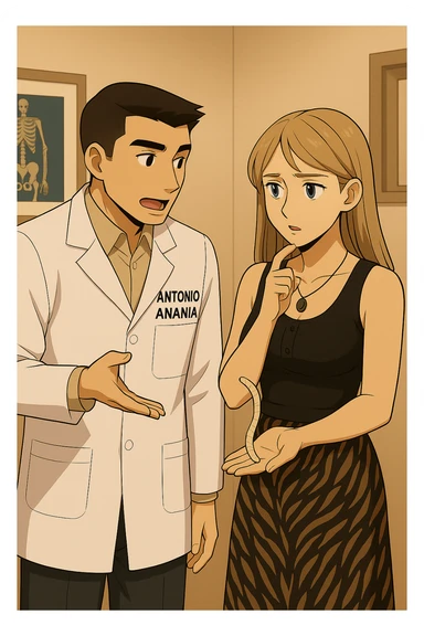 prendi spunto da queste immagini e fai un webtoon/manga a colori con questo kinesiologo in camice bianco (fagli la scritta "ANTONIO ANANIA" SUL CAMICE) CHE PARLA CON QUESTA RAGAZZA CON GLI OCCHI AZZURRI. la ragazza FA UNA DOMANDA DUBBIOSA, e IL KINESIOLOGO CON IL CAMICE BIANCO le SPIEGA UNA COSA MOSTRANDOLE UN VERME LUNGO E BEIGE CHIARO CHE HA IN MANO. NON FARE I FUMETTI, FAI SOLO LORO COME SE DIALOGASSERO sticker
