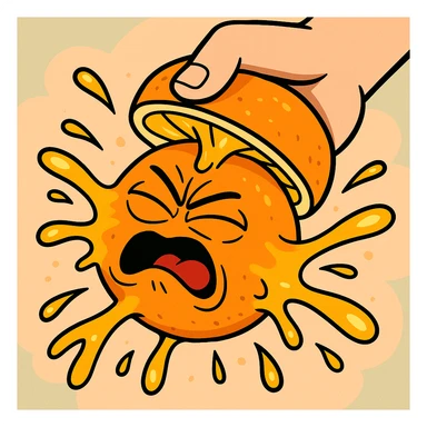 an orange being squeezed, cartoon style, expressive juice splash, vibrant colors, dynamic sticker
