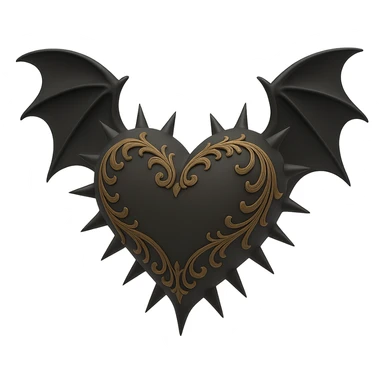 Add gothic bat wings to the black gothic heart with metallic spikes in 3D black style, no background. sticker