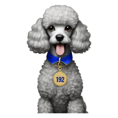 poodle with royal blue and gold collar and pendant that reads 1922 sticker