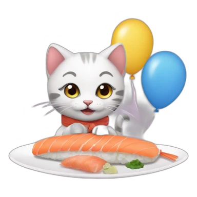 kitten eating sushi for the first time with balloons sticker