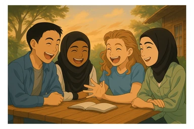 Edit the image to keep the same characters, colors, and style exactly as the original, but change their expressions so that all are laughing heartily with joyful expressions. The wind is blowing the trees in the background, and the pages of the book on the table are moving slightly. The characters must be identical in every detail to the original, only their expressions change. sticker