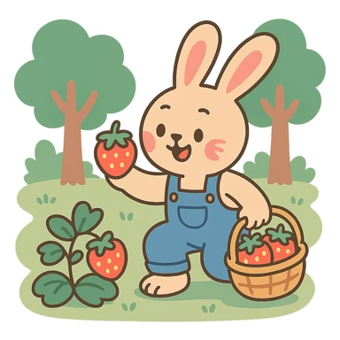 bunny picking strawberries in the woods, sweet pastel red, pastel toon style sticker