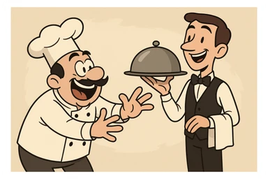 a hungry chef reaching toward a waiter with a tray, both smiling, minimal background sticker
