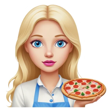 Cinematic realistic beautiful blonde with long hair, blue eyes and pink lips in a white dress cooks pizza sticker