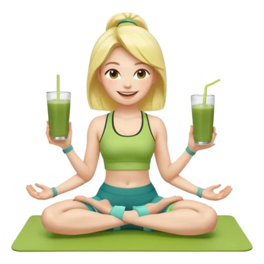 Девушка-мемоджи радостно сидит на коврике для йоги, в спортивной позе, в ярком стильном спортивном комплекте. Лицо сияющее, улыбка очень довольная и счастливая, в руках яркий стакан освежающего матча-лимонада, вокруг атмосфера свежести, отдыха и комфорта. Белый фон. 2 руки и 2 ноги sticker