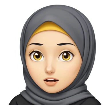 người phụ nữ 30 tuổi, da vàng, đội khăn hijab, tóc ngắn màu đen, mặt biểu cảm ngạc nhiên, áo màu xám đậm sticker