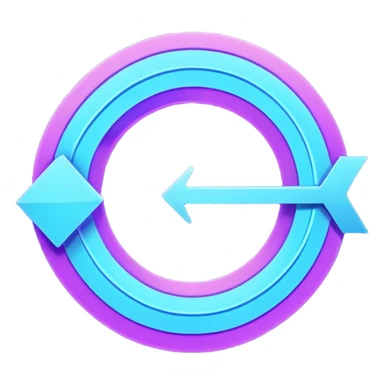 Futuristic retry arrow: an open curved neon arrow forming almost a circle but leaving a gap, clear restart motion. Glowing blue and violet Virtuosa colors, soft Ovi-like floating shape, playful high-tech style, luminous semi-matte texture. No text. Full background.
 sticker